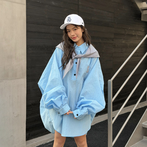 LEDIM WANG海军风连帽套头衬衫女物理防晒蓝色宽松衬衣26春夏新款