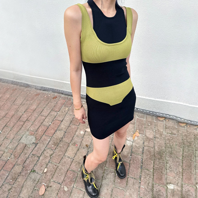 LEDIM WANG假两件撞色连衣裙女2024夏季新款设计师原创凉感针织裙