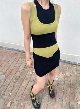 LEDIM WANG假两件撞色连衣裙女2024夏季新款设计师原创凉感针织裙