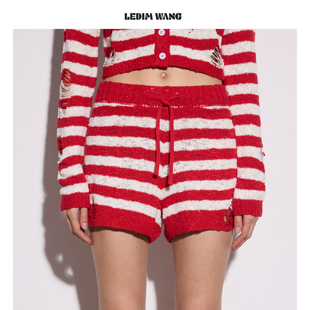 LEDIM 女红白撞色直筒休闲裤 26春夏新款 WANG破洞流苏条纹针织短裤