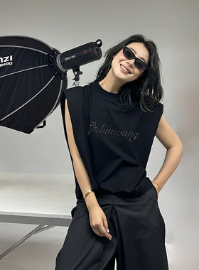 LEDIM WANG【白标系列】空气垫肩无袖T恤女夏2025新款黑色上衣