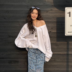 新款 LEDIM 上衣2026春季 宽松T恤女白色宽松百搭长袖 WANGV领羊腿袖