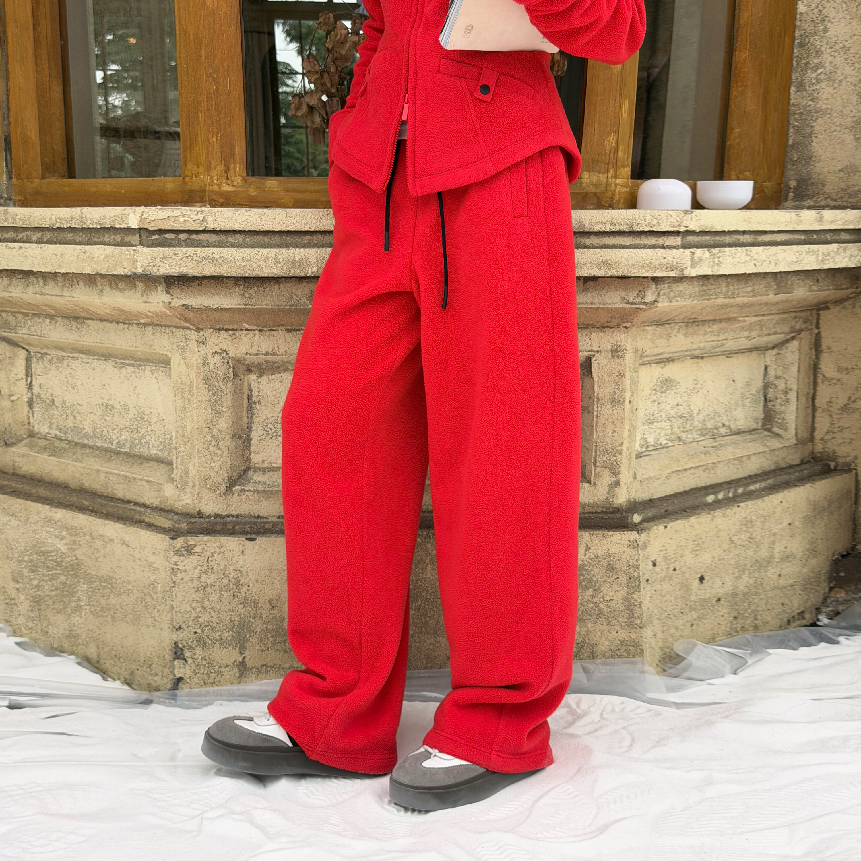 LEDIM WANG红标/摇粒绒微锥卫裤女红色百搭休闲长裤2025秋冬新款