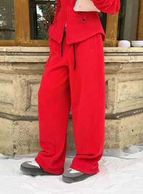 LEDIM WANG红标/摇粒绒微锥卫裤女红色百搭休闲长裤2025秋冬新款