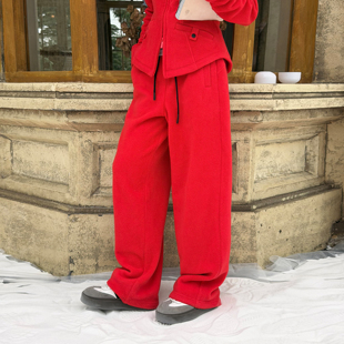 2025秋冬新款 LEDIM 女红色百搭休闲长裤 摇粒绒微锥卫裤 WANG红标
