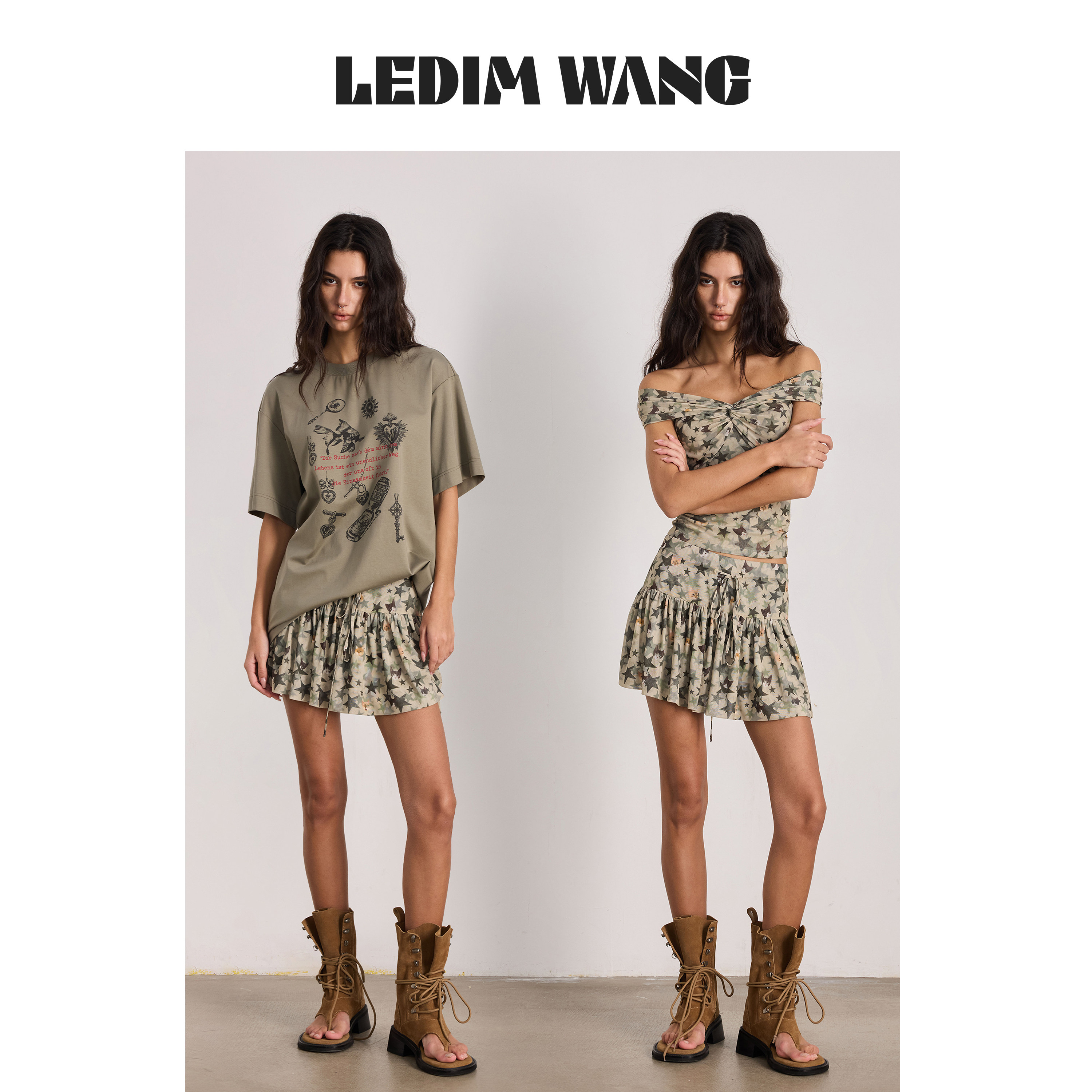 LEDIM WANG迷彩印花百褶裙半身裙26夏新款女高弹柔软裙裤A字短裙
