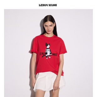 LEDIM WANG运动小猫印花T恤女波点植绒红色短袖上衣2026春夏新款