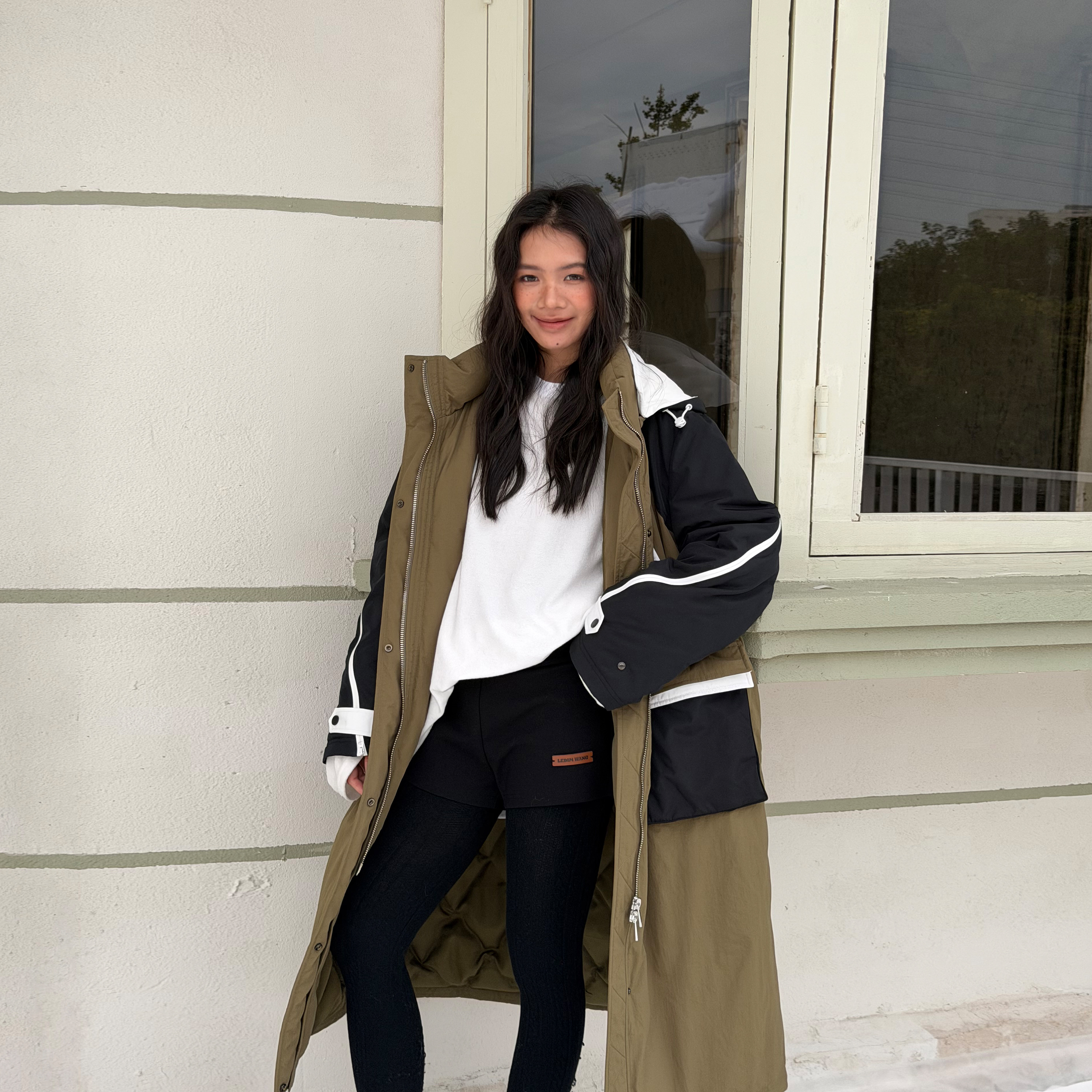 LEDIM WANG白标/山系三拼色鹅绒羽绒服外套女撞色长款25秋冬新款