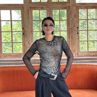 套头上衣25秋新款 LEDIM T恤女长袖 渐变烫钻网眼透视薄款 WANG白标