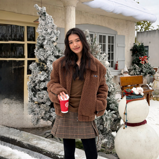 上衣25秋冬新款 巴恩风绒感羊羔毛外套女咖色短款 WANG白标 LEDIM