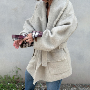 WANG白标 新款 慵懒阔版 大衣25冬季 毛呢外套女沙漠灰中长款 LEDIM