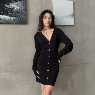 LEDIM WANG鎏金V领长袖连衣裙女黑色长袖修身针织短裙2026春新款