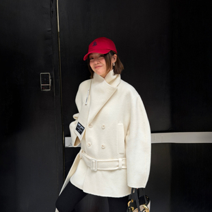 迪木尔风自带围巾毛呢外套奶油白大衣女25冬新款 LEDIM WANG黑标