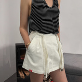 LEDIM 百搭小众设计高级感 女A摆白色休闲裤 WANG流苏绑带短款 裙裤