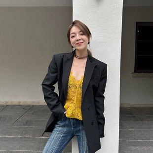 新款 LEDIM 长袖 女高级感黑色西服外套收腰修身 WANG宽肩沙漏西装