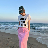 圆领白色百搭短袖 LEDIM WANG纯棉字母印花T恤女新款 休闲宽松上衣