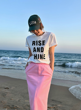 LEDIM WANG纯棉字母印花T恤女新款圆领白色百搭短袖休闲宽松上衣