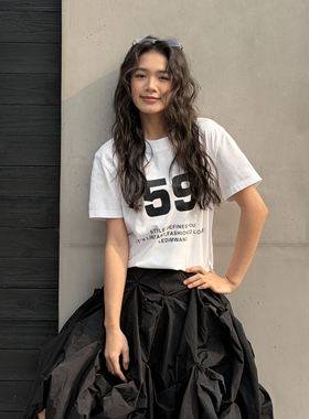LEDIM WANG撞色字母印花T恤女白色纯棉休闲百搭短袖上衣26春新款