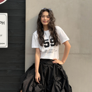 上衣26春新款 LEDIM WANG撞色字母印花T恤女白色纯棉休闲百搭短袖