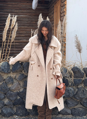 LEDIM WANG羊驼绒毛呢外套宽松长款25冬新款燕麦色高智感大衣女