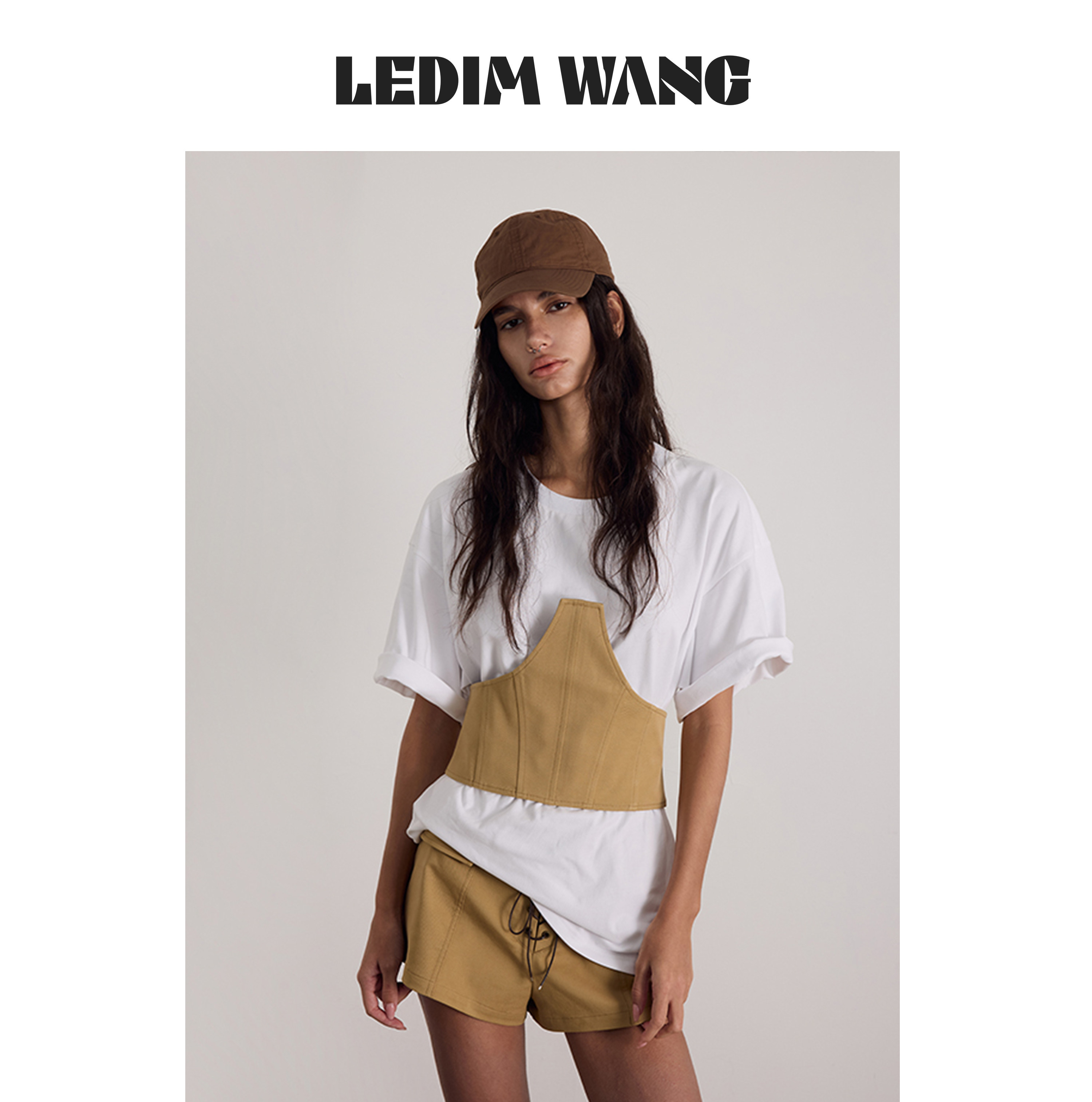 LEDIM WANG解构腰封两件套针织T恤女2026夏季新款圆领短袖上衣