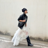 LEDIM 明星同款 WANG拼贴吊带蕾丝连衣裙女白色长裙25冬新款