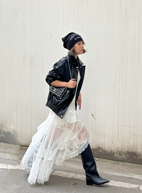 【张艺上同款】LEDIM WANG拼贴吊带蕾丝连衣裙女白色长裙25冬新款