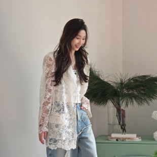 宽松直筒休闲百搭气质白色西服 外套女新款 LEDIM WANG蕾丝镂空西装