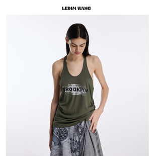 印花工字背心吊带女军绿色内搭上衣2026春夏新款 LEDIM WANG美式