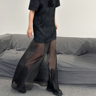 WANG欧根纱透视半身裙女半裙黑色搭片式 LEDIM 纱裙 明星同款