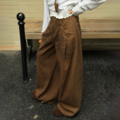 WANG白标 露丽风复古阔腿牛仔裤 女纯棉咖色长裤 LEDIM 2025冬新款