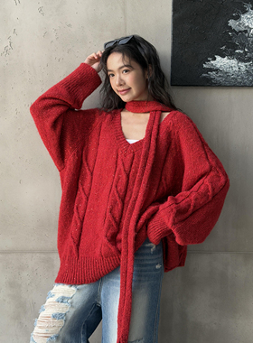 LEDIM WANG新年战袍红色毛衣女宽松长袖围巾搭配上衣2026春季新款