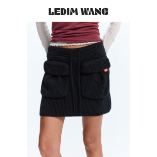 LEDIM WANG口袋羊毛针织半身裙女黑色松紧腰百搭短裙2026秋冬新款