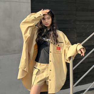 衬衣2026春夏新款 LEDIM 女莱赛尔慵懒感长袖 卡其色宽松衬衫 WANG