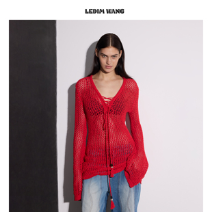 休闲短裙26早春新款 LEDIM WANG镂空收腰流苏连衣裙女V领红色长袖