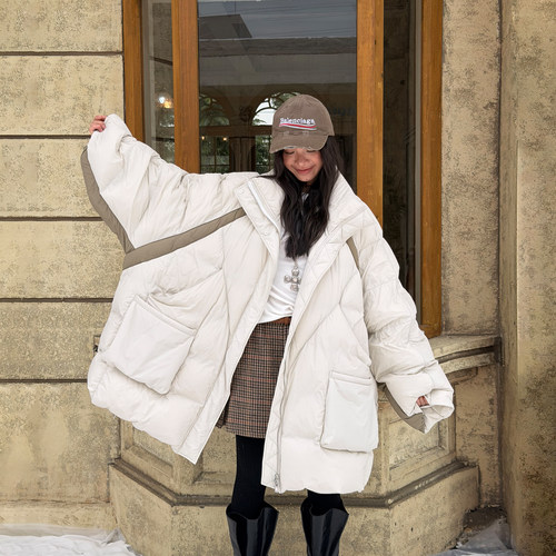 【赵昭仪同款】LEDIM WANG白鹅绒围巾羽绒服外套冬杏色廓形宽松女