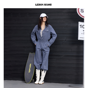 2026春夏新款 LEDIM 女百搭通勤休闲阔腿裤 连体裤 WANG蓝色格纹工装