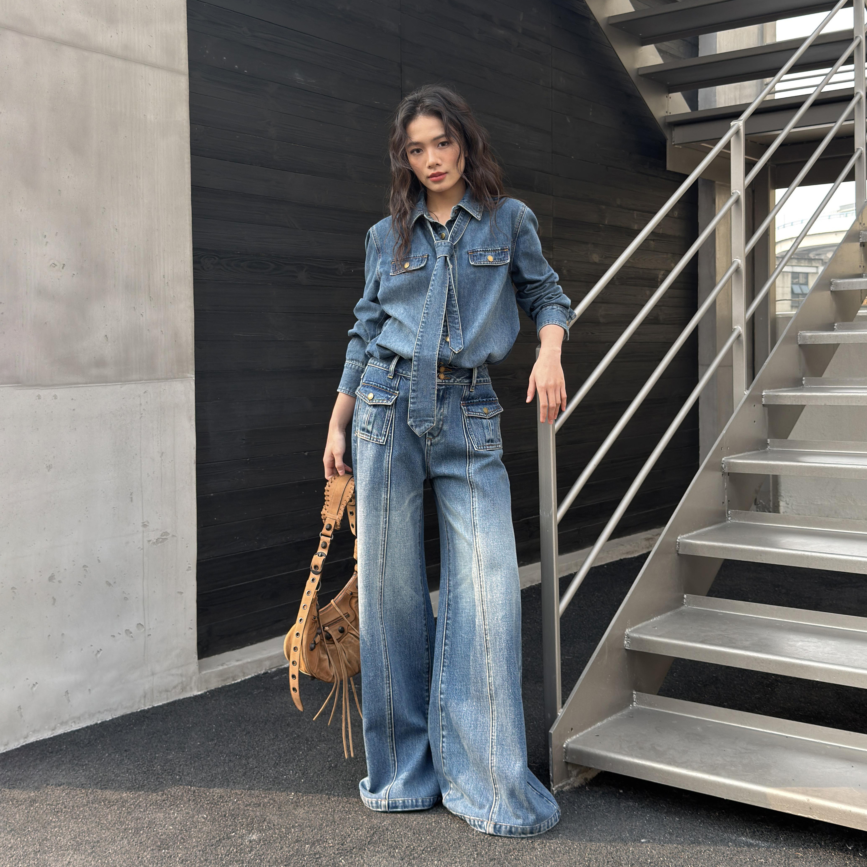 LEDIM WANG复古丹宁牛仔时尚套装女领带衬衫宽腰牛仔裤2026春新款