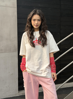 LEDIM WANG 撞色袖套短袖T恤女条纹印花白色亲肤透气上衣26春新款