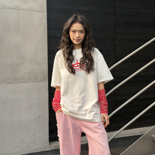 LEDIM WANG 撞色袖套短袖T恤女条纹印花白色亲肤透气上衣26春新款