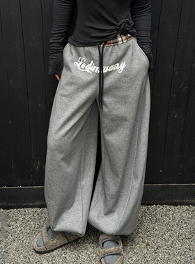 LEDIM WANG白标/复古休闲加绒弯刀卫裤女灰色阔腿长裤25秋冬新款