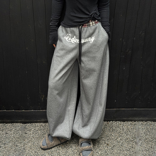 LEDIM WANG白标/复古休闲加绒弯刀卫裤女灰色阔腿长裤25秋冬新款