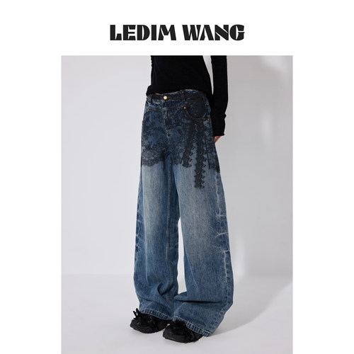 LEDIMWANG蕾丝复古阔腿牛仔裤