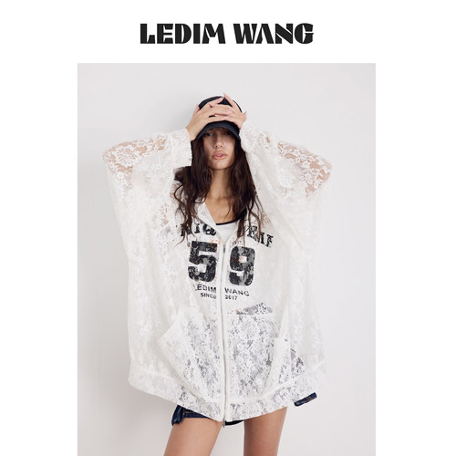 LEDIMWANG字母印花蕾丝连帽外套