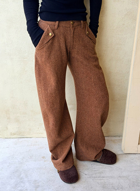 【曾可妮同款】LEDIM WANG绵羊毛休闲裤女马蹄裤棕色长裤25冬新款