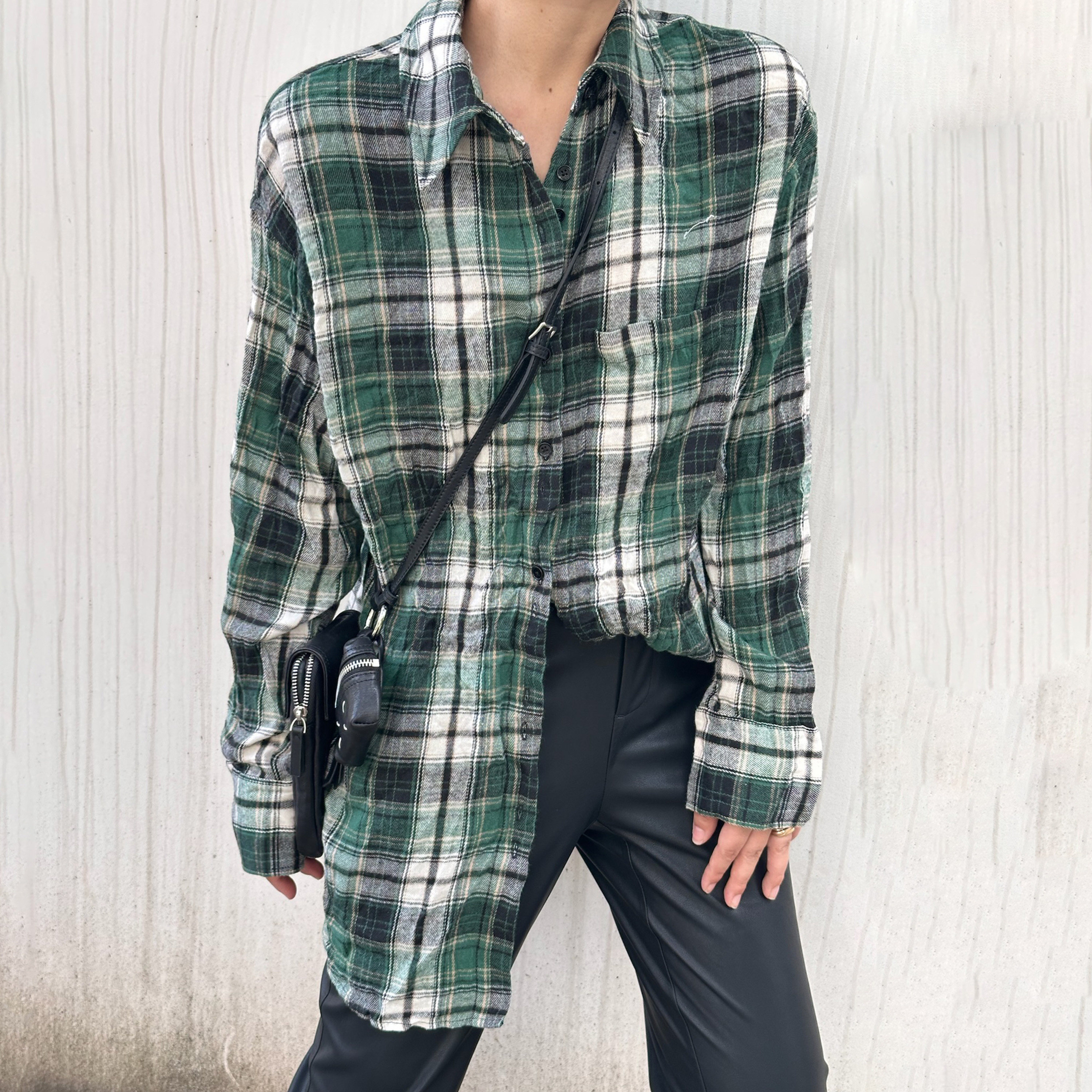 LEDIM WANG白标/压褶格纹长袖衬衣女绿色叠穿宽松上衣25冬季新款