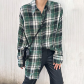 WANG白标 压褶格纹长袖 衬衣女绿色叠穿宽松上衣25冬季 LEDIM 新款