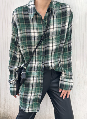 LEDIM WANG白标/压褶格纹长袖衬衣女绿色叠穿宽松上衣25冬季新款