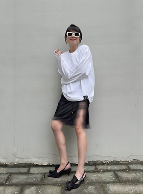 明星同款LEDIM WANG字母印花T恤女休闲宽松黑色纯棉长袖秋冬新款