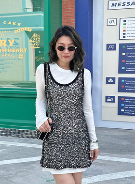 LEDIM WANG【白标系列】两件套珠片连衣裙女秋季百搭短裙2025新款